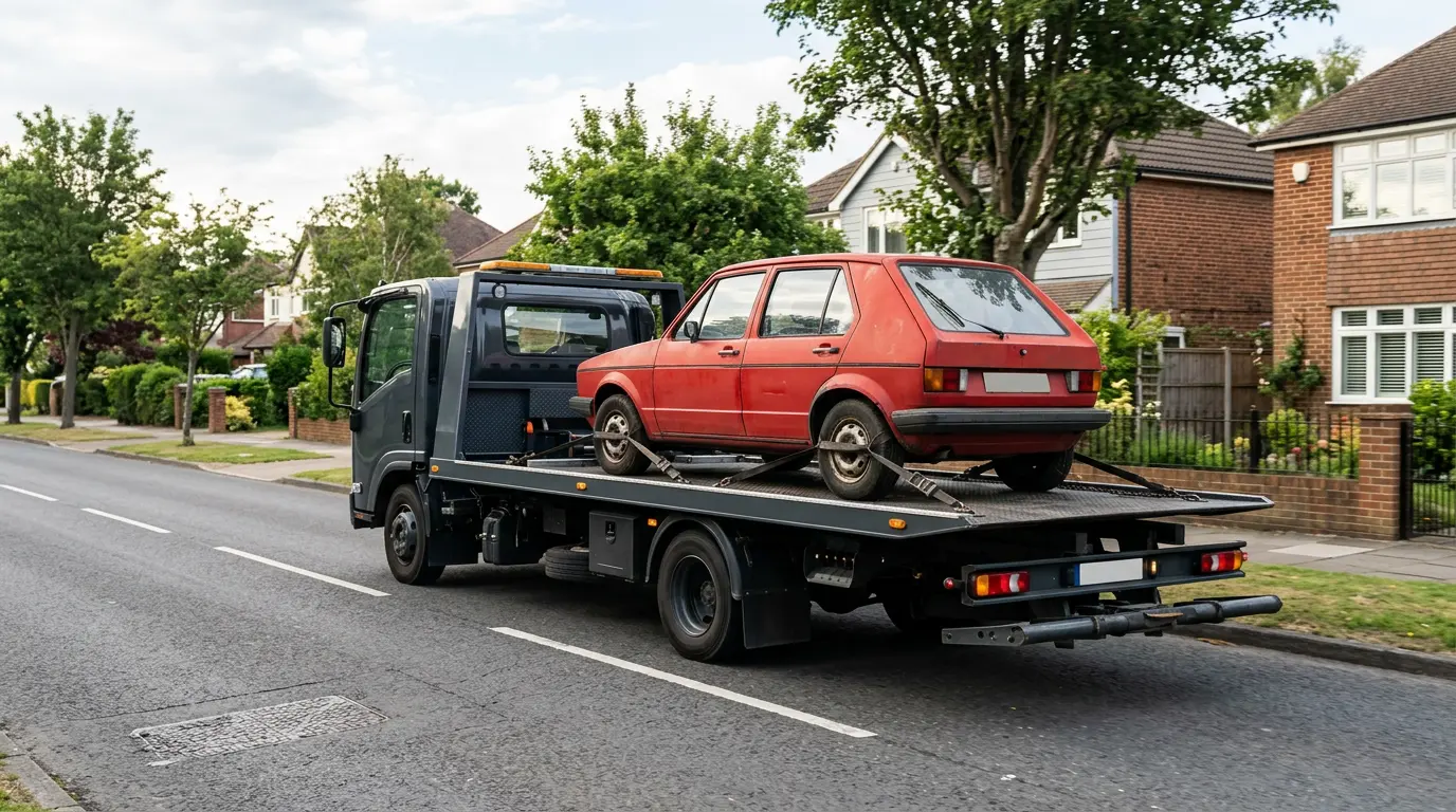 A flatbed tow truck carrying an old red hatchback along a suburban road