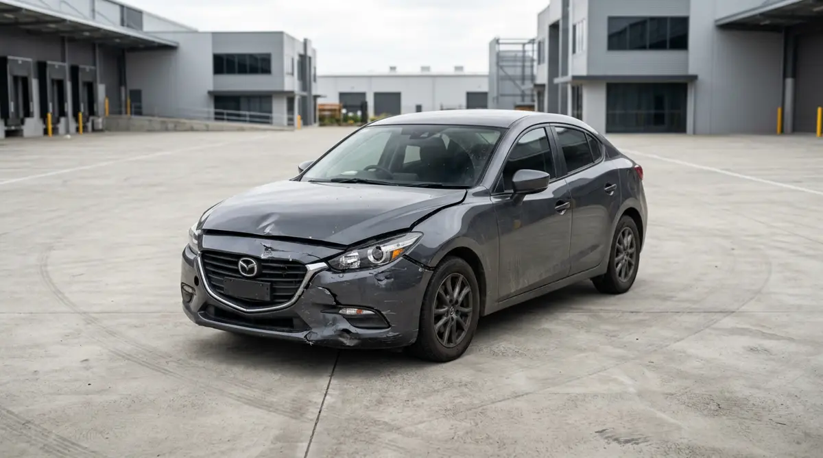 A grey sedan with a crumpled front bumper and bonnet