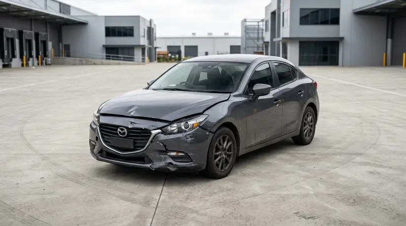A grey sedan with a crumpled front bumper and bonnet
