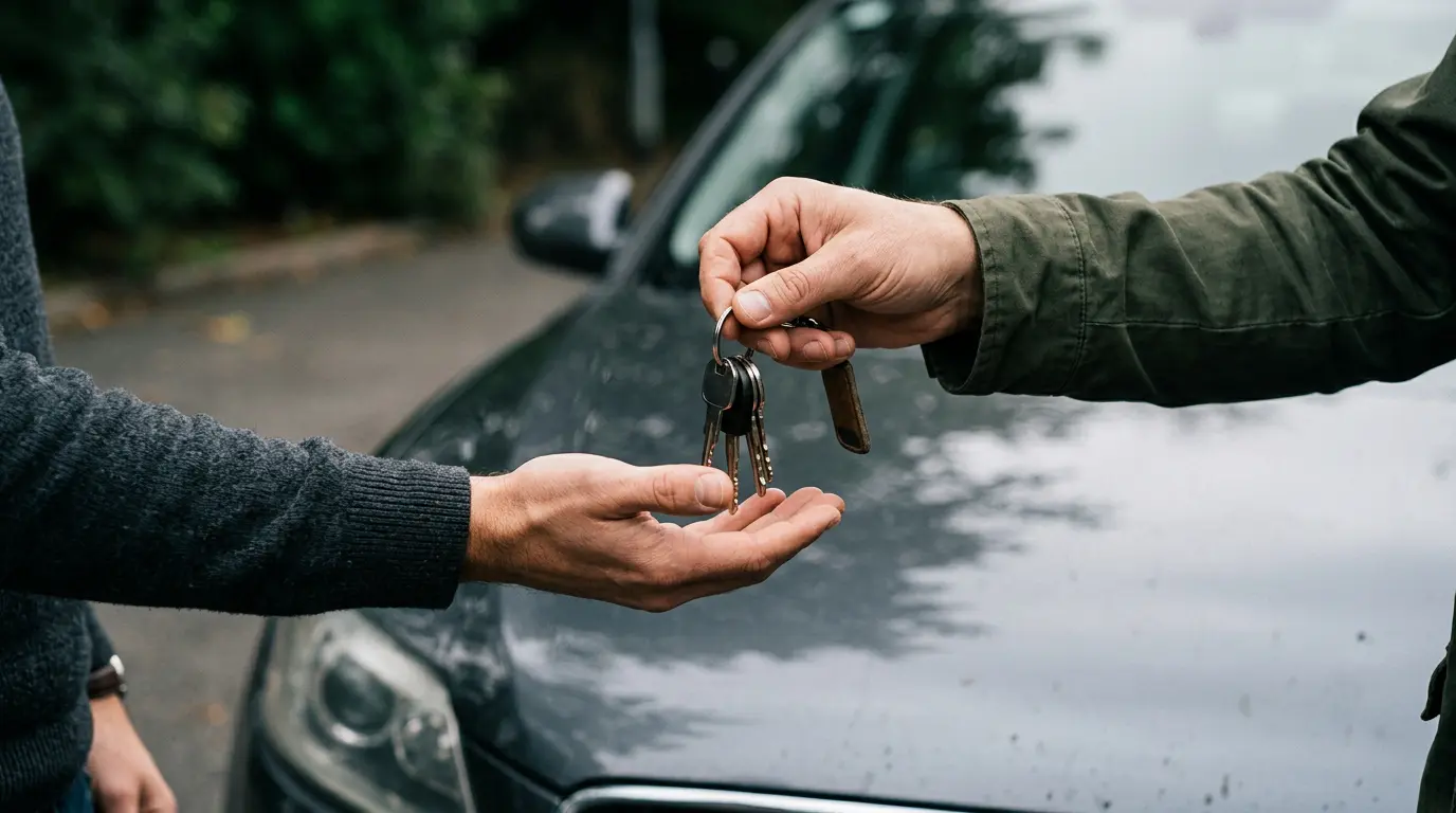 Car keys being handed from one person to another over a car bonnet