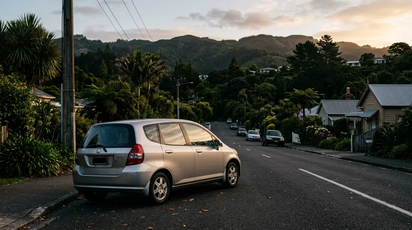 A silver hatchback parked on a leafy Auckland street at sunset