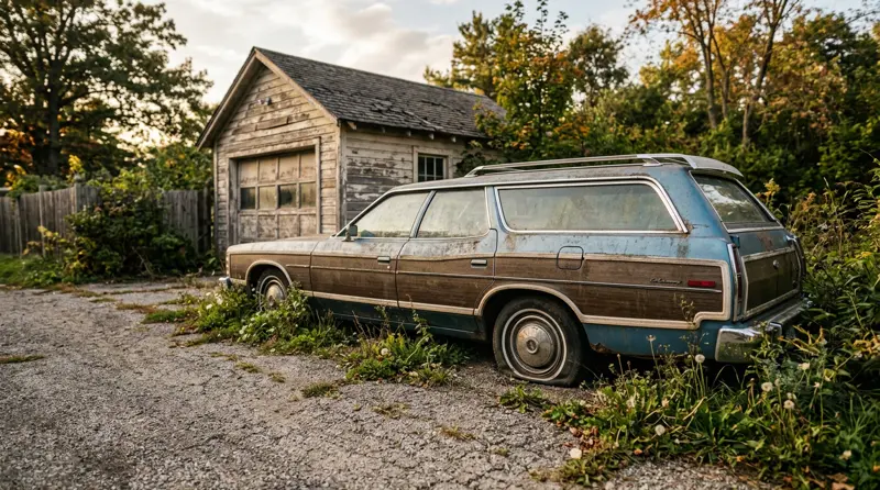 An old station wagon with a flat tyre parked beside a garage